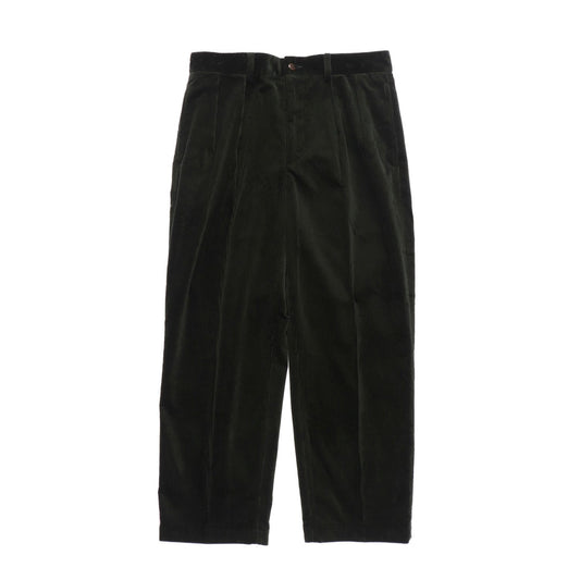 イタリアのコーデュロイ生地の名門ブランド「ドゥカ・ヴィスコンティ」の生地で仕立てたダブルプリーツコーデュロイトラウザー 23FW-WMP-PT02-GREEN-FRONT