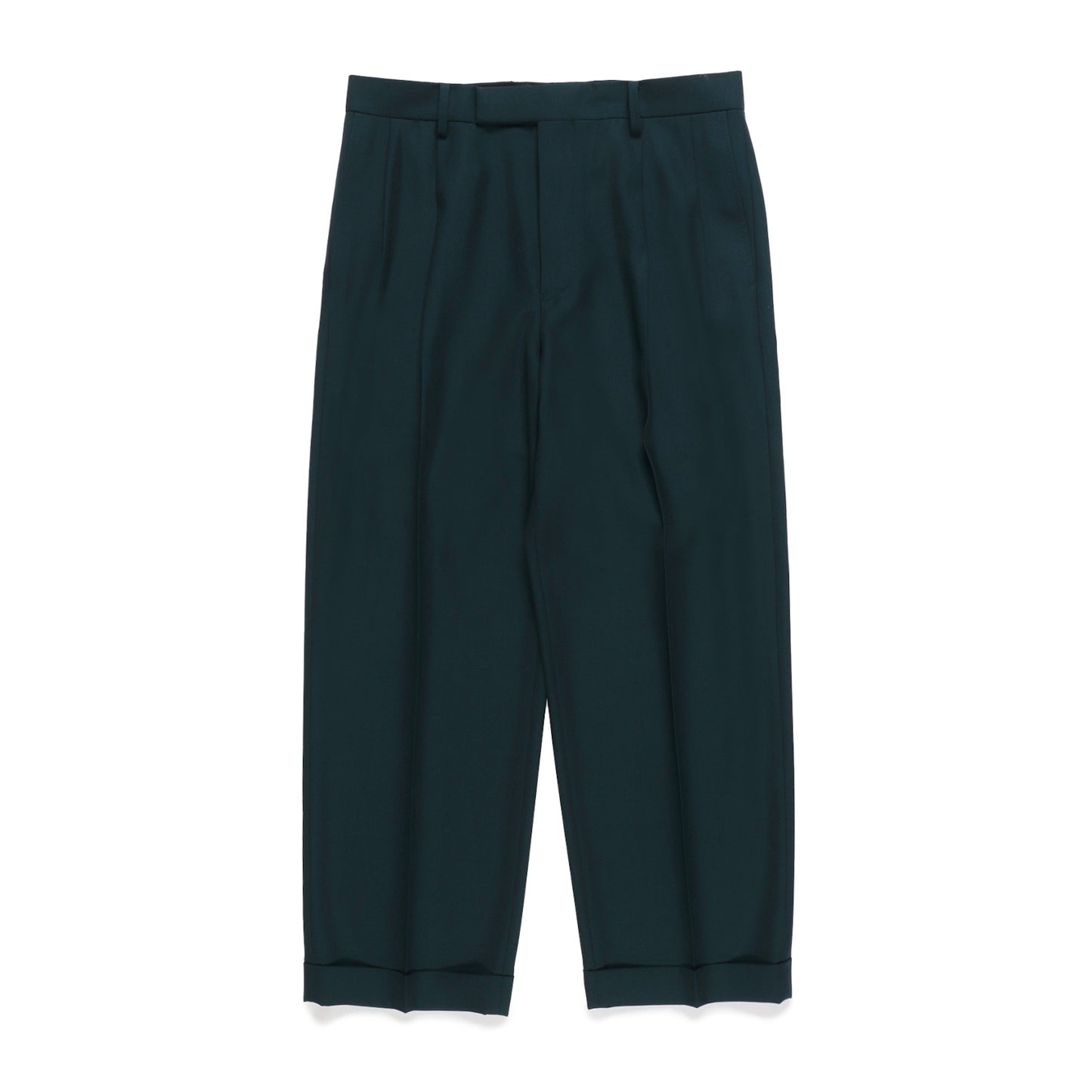 フランスの高級生地メーカー「ドーメル」社製のウール100%の生地で仕立てたプリーツトラウザー タイプ2 (ダークターコイズ) 23FW-WMP-TR17-front
