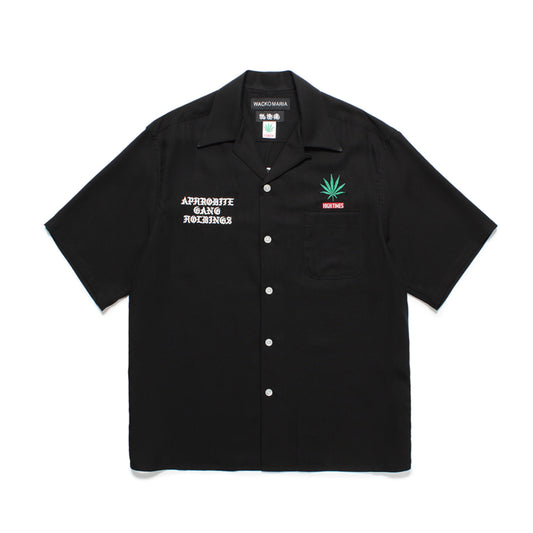 WACKO MARIA2024年春夏コレクション-ヒップホップクルー「舐達麻」とアメリカのカルチャー紙「ハイタイムズ」とのトリプルコラボレーション50'sオープンカラー半袖シャツ NMD-HIGHTIMES-WM-OC01-BLACK--FRONT