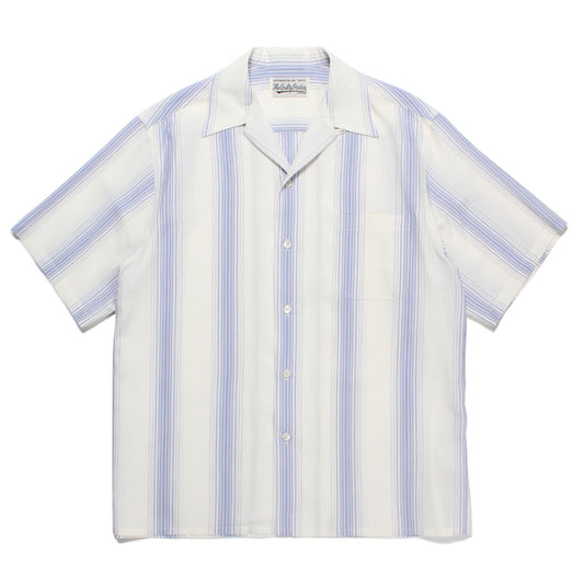 広めピッチで構成したストライプ生地を使用したオープンカラーシャツ 23SS-WMS-OC08-white