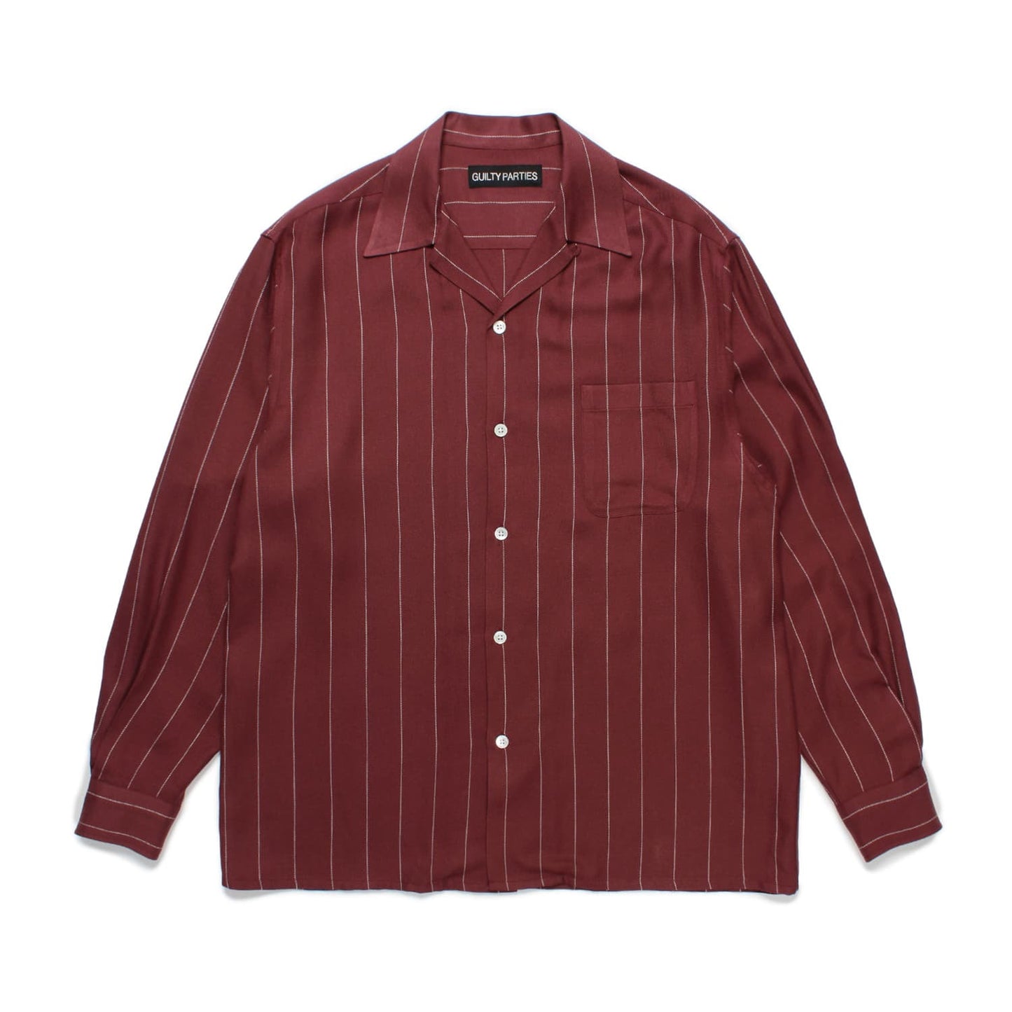 WACKO MARIA(ワコマリア)2024年秋冬コレクション「天国東京」から、レーヨン100%の生地に、程良いかすれ感があるストライプ柄を全面に散りばめた長袖オープンカラーシャツ、STRIPED OPEN COLLAR SHIRT L/S (TYPE-2) L/S 24FW-WMS-OC06のバーガンディーを入荷。