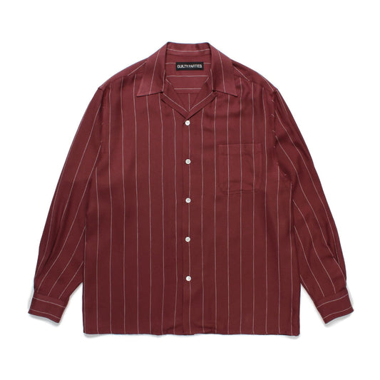 WACKO MARIA(ワコマリア)2024年秋冬コレクション「天国東京」から、レーヨン100%の生地に、程良いかすれ感があるストライプ柄を全面に散りばめた長袖オープンカラーシャツ、STRIPED OPEN COLLAR SHIRT L/S (TYPE-2) L/S 24FW-WMS-OC06のバーガンディーを入荷。