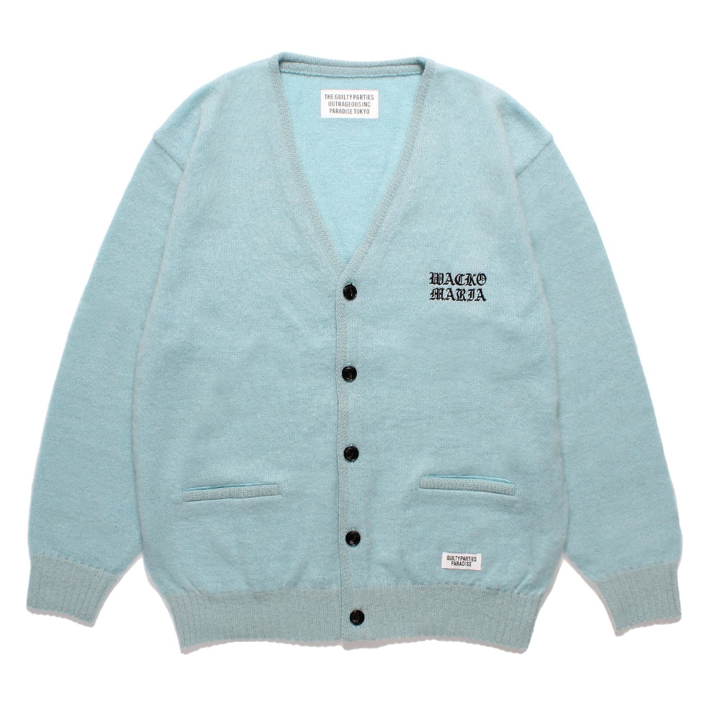 WACKO MARIA2024年春夏コレクション-左胸にロゴ刺繡を施したモヘアニットカーディガン タイプ2 (ブルー) 24SS-WMK-KN06