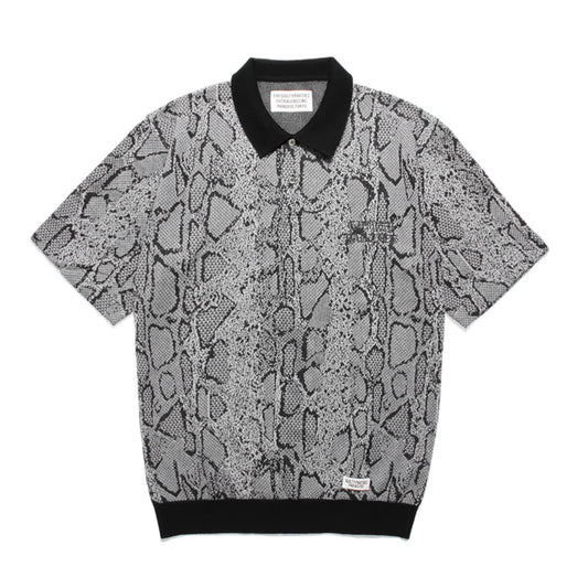 WACKO MARIA2024年春夏コレクション-パイソン柄を総柄でジャガード織したニットポロシャツ 24SS-WMK-KN11-GRAY