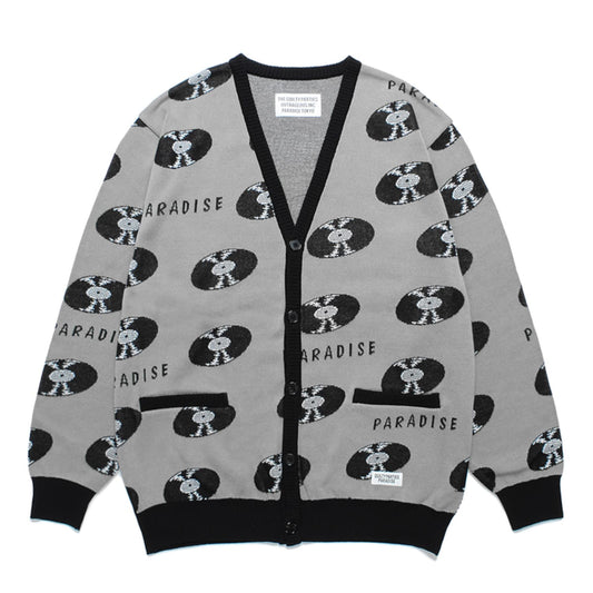 WACKO MARIA2024年春夏コレクション-レコードの総柄グラフィックをジャガード織で表現したニットカーディガン 24SS-WMK-KN17-GRAY