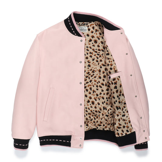 WACKO MARIA2024年春夏コレクション-ピンク色に染めた柔らかなカウハイドで仕立てたレザーバーシティージャケット 24SS-WMO-BL08-PINK-R