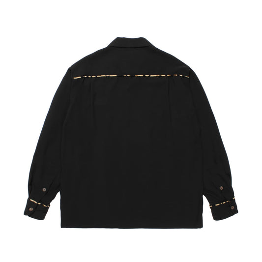 WACKO MARIA(ワコマリア)2025年秋冬コレクション「天国東京」から、柔らかな肌触りのブラックのテンセル生地に、レオパード柄とホワイトやブルーの無地生地の切り替えしが素敵な50'Sシャツ、SWITCHING 50'S OPEN COLLAR SHIRT TYPE-1 25FW-WMS-OC08のブラックを入荷。背面