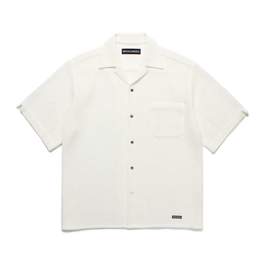 WACKO MARIA(ワコマリア)2025年春夏コレクション「天国東京」から、ニット素材で製作された新型のニットシャツ、SUMMER KNIT OPEN COLLAR SHIRT 25SS-WMK-KN24 ホワイト