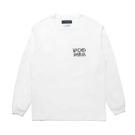 WACKO MARIA | NECK FACE / WASHED HEAVY WEIGHT LONG SLEEVE T-SHIRT (TYPE-2) | NECKFACE-WM-LT07 ホワイト前面。左胸はネックフェイスによるアートワークで「WACKO MARIA」のロゴ刺繍。