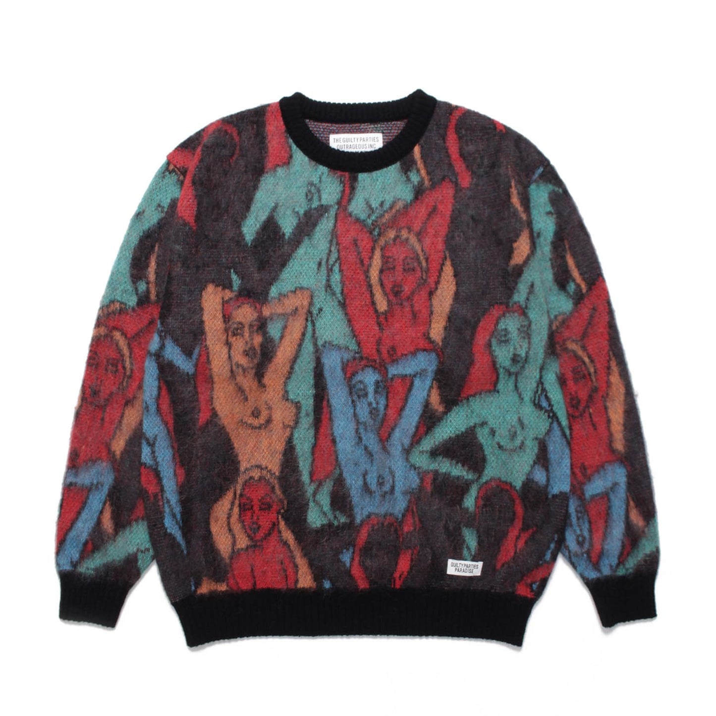 裸婦をモチーフにしたグラフィックをジャガード織で表現した、ユラ百女図モヘアニットセーター 22FW-WMK-KN08-BLACK-FRONT