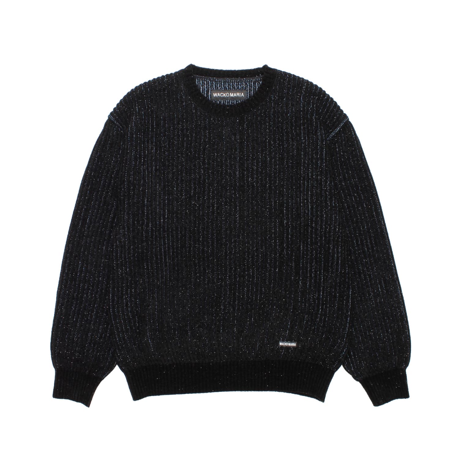 WACKO MARIA（ワコマリア）2025年秋冬コレクション「天国東京」から、ブラックベースにブルーのラメをストライプで織り込んだセーターGLITTER KNIT SWEATER&nbsp;25FW-WMK-KN03&nbsp;を入荷致しました。前面