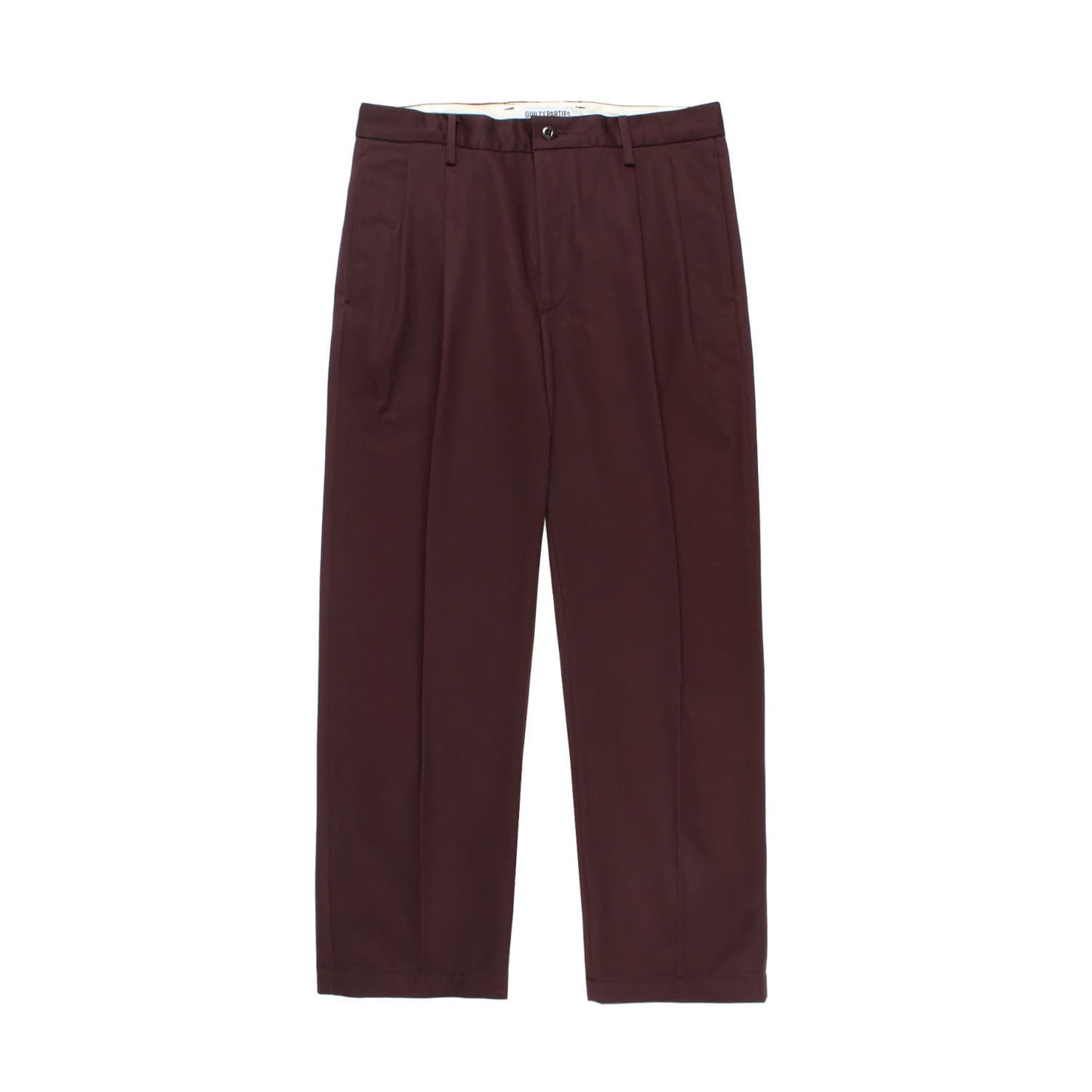 WACKO MARIA（ワコマリア）2025年秋冬コレクション「天国東京」から、ハリとコシのあるコットン100%の生地で仕立てたチノトラウザーDOUBLE PLEATED CHINO TROUSERS（通称ツータックチノ）25FW-WMP-PT01のバーガンディーを入荷しました。前面