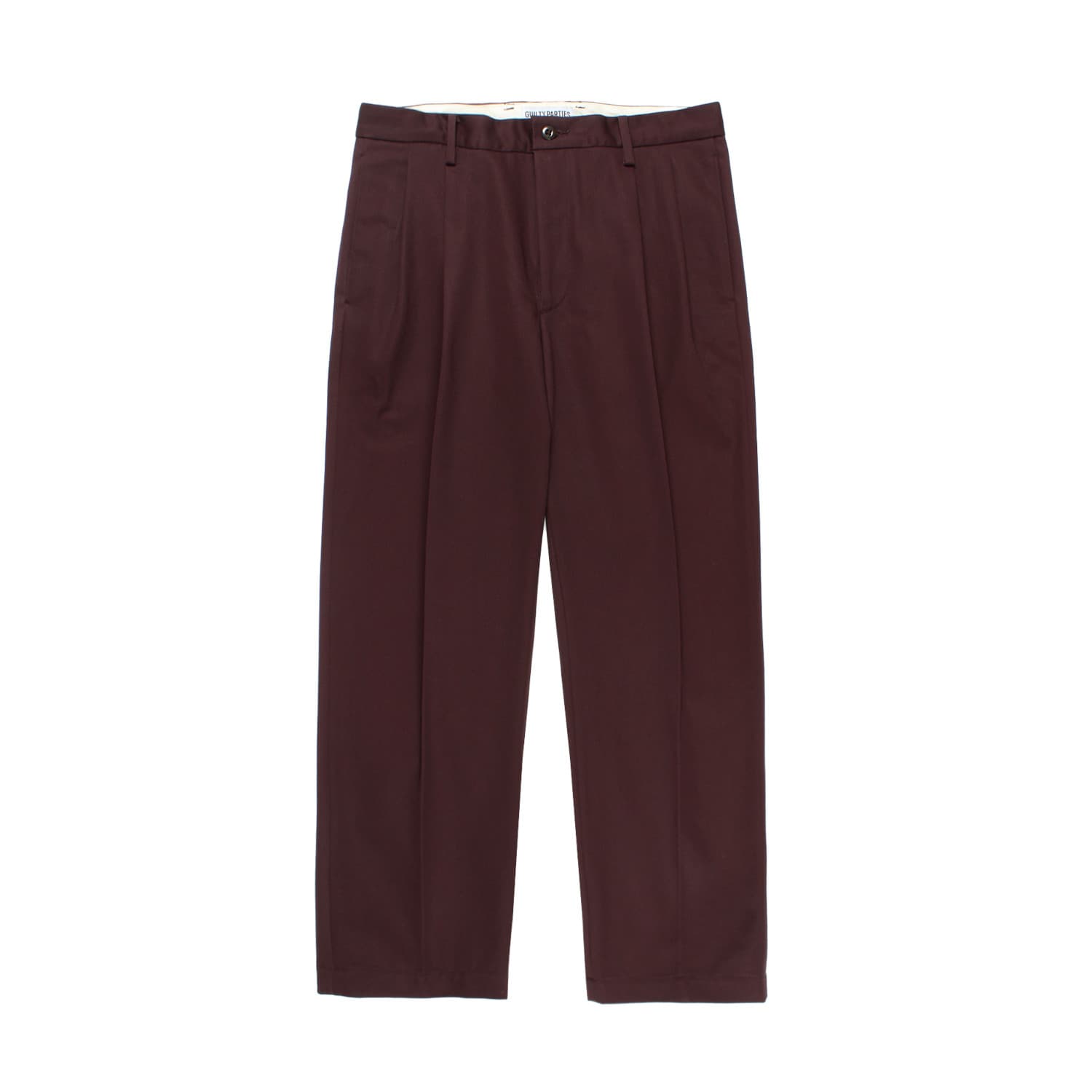 WACKO MARIA（ワコマリア）2025年秋冬コレクション「天国東京」から、ハリとコシのあるコットン100%の生地で仕立てたチノトラウザーDOUBLE PLEATED CHINO TROUSERS（通称ツータックチノ）25FW-WMP-PT01のバーガンディーを入荷しました。前面