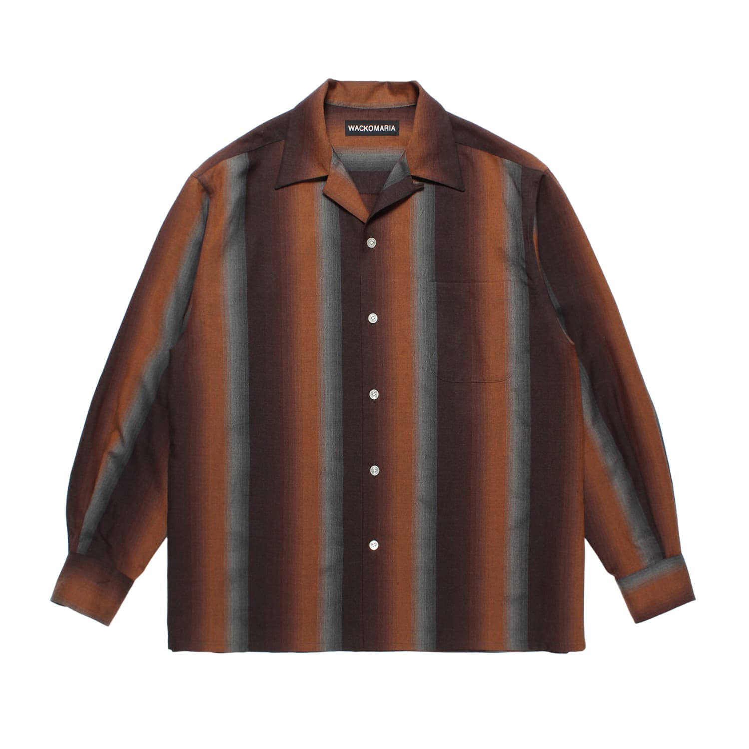 WACKO MARIA（ワコマリア）2025年秋冬コレクション「天国東京」から、絶妙なグラデーションを持ったブラウンのレーヨンストライプ生地で製作されたオープンカラーシャツ、OMBRE STRIPE OPEN COLLAR SHIRT 25FW-WMS-OC07を入荷。