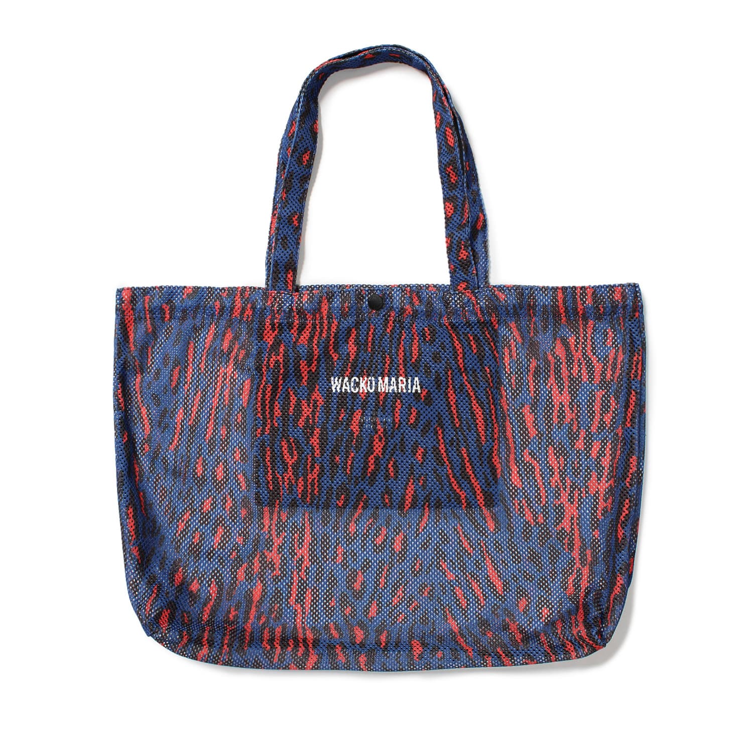 WACKO MARIA(ワコマリア)2025年春夏コレクション「天国東京」から、新進気鋭のブランド「SPEAK EASY」とのコラボレーショントートバッグ SPEAK EASY / LEOPARD MESH TOTE BAG 25SS-WMA-BG04　ブルー。ワコマリアオリジナルのレオパード柄のメッシュ素材。
中央に「WACKO MARIA」のロゴ配置。