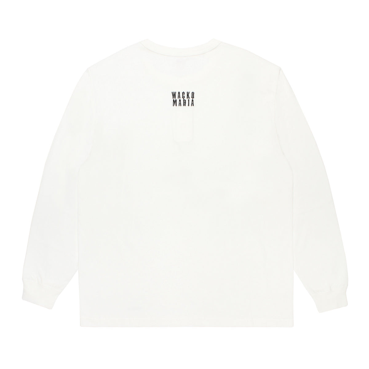 WACKO MARIA（ワコマリア）2026年秋冬コレクション「天国東京」から、ヘンリーネックTシャツが代名詞のアメリカのブランド「HEALTHKNIT（ヘルスニット）」社とのオフィシャルコラボレーションTシャツ、HEALTHKNIT / HENLEY NECK LONG SLEEVE T-SHIRT 26FW-WMT-HK01 ホワイト背面。背中の「WACKO MARIA」ロゴは刺繍。