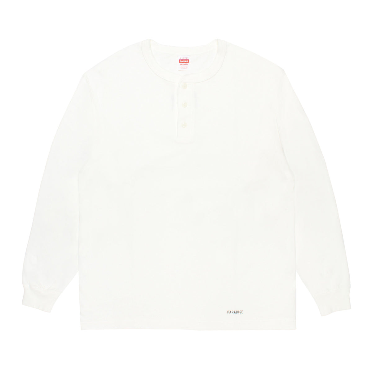 WACKO MARIA（ワコマリア）2026年秋冬コレクション「天国東京」から、ヘンリーネックTシャツが代名詞のアメリカのブランド「HEALTHKNIT（ヘルスニット）」社とのオフィシャルコラボレーションTシャツ、HEALTHKNIT / HENLEY NECK LONG SLEEVE T-SHIRT 26FW-WMT-HK01 ホワイト前面