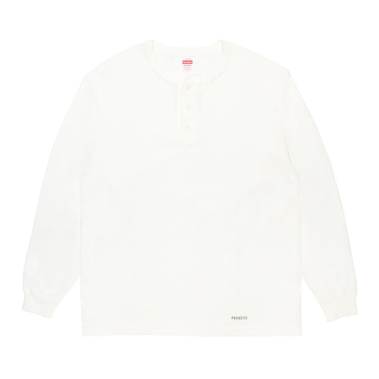 WACKO MARIA（ワコマリア）2026年秋冬コレクション「天国東京」から、ヘンリーネックTシャツが代名詞のアメリカのブランド「HEALTHKNIT（ヘルスニット）」社とのオフィシャルコラボレーションTシャツ、HEALTHKNIT / HENLEY NECK LONG SLEEVE T-SHIRT 26FW-WMT-HK01 ホワイト前面