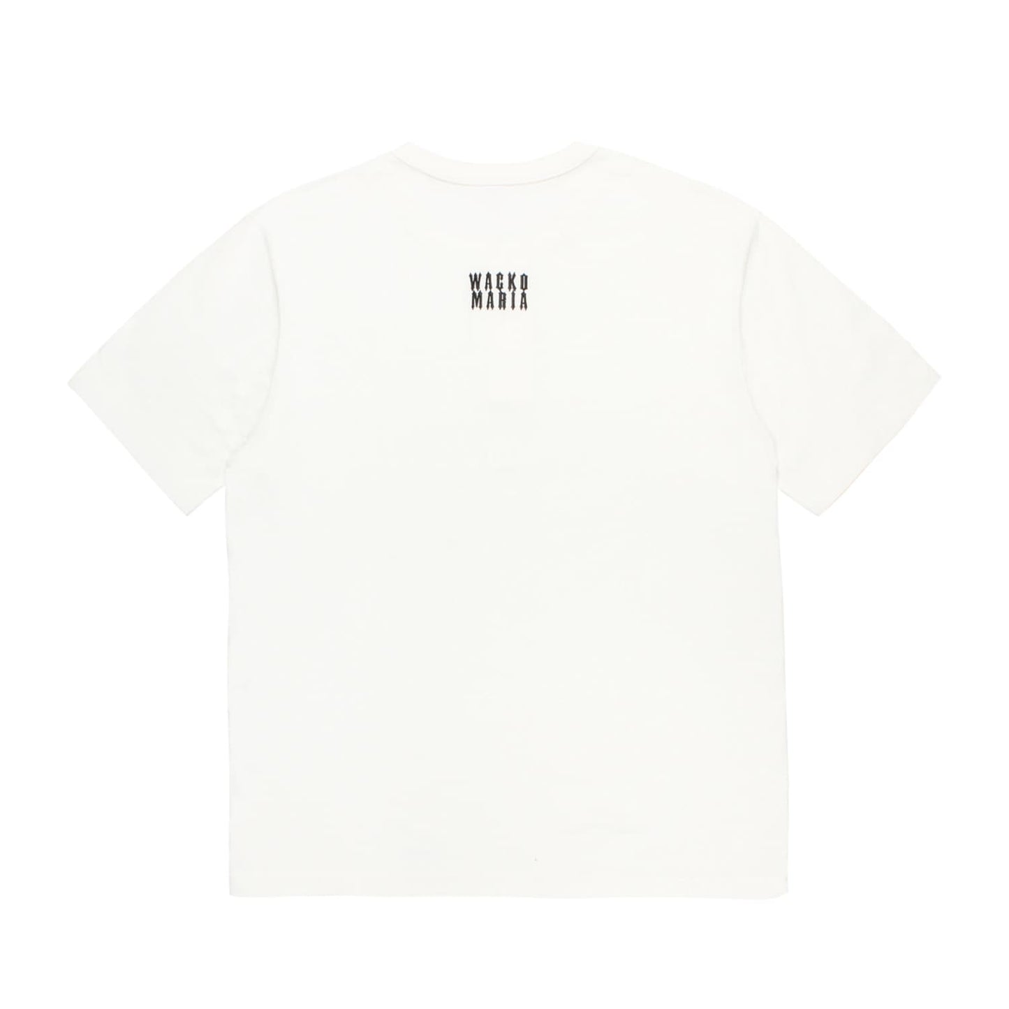 WACKO MARIA（ワコマリア）2026年春夏コレクション「天国東京」から、ヘンリーネックTシャツが代名詞のアメリカのブランド「HEALTHKNIT（ヘルスニット）」社とのオフィシャルコラボレーションTシャツ、HEALTHKNIT / HENLEY NECK T-SHIRT 26SS-WMT-HK01。背面。ヘルスニット社おなじみの３つボタンヘンリーネックTシャツ。
左胸に「PARADISE」のプリント、背中の「WACKO MARIA」ロゴは刺繍。