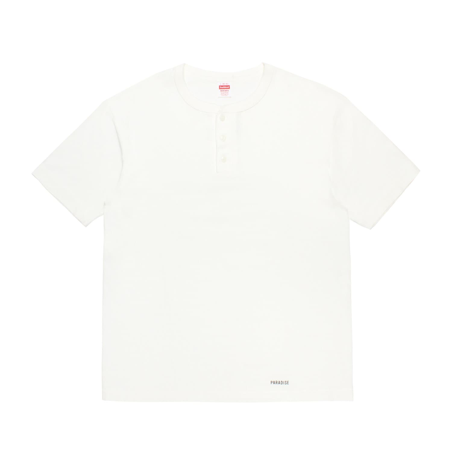 WACKO MARIA（ワコマリア）2026年春夏コレクション「天国東京」から、ヘンリーネックTシャツが代名詞のアメリカのブランド「HEALTHKNIT（ヘルスニット）」社とのオフィシャルコラボレーションTシャツ、HEALTHKNIT / HENLEY NECK T-SHIRT 26SS-WMT-HK01。前面。