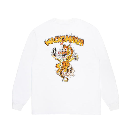 WACKO MARIA（ワコマリア）2026年春夏コレクション「天国東京」から、TIM LEHI(ティムリーハイ)オフィシャルコラボレーションTシャツ、TIM LEHI / WASHED HEAVY WEIGHT LONG SLEEVE&nbsp;T-SHIRT (TYPE-1) 26SS-WMT-LT01のホワイト背面。ティムリーハイ氏書き下ろしのグラフィックを全面にプリント。
