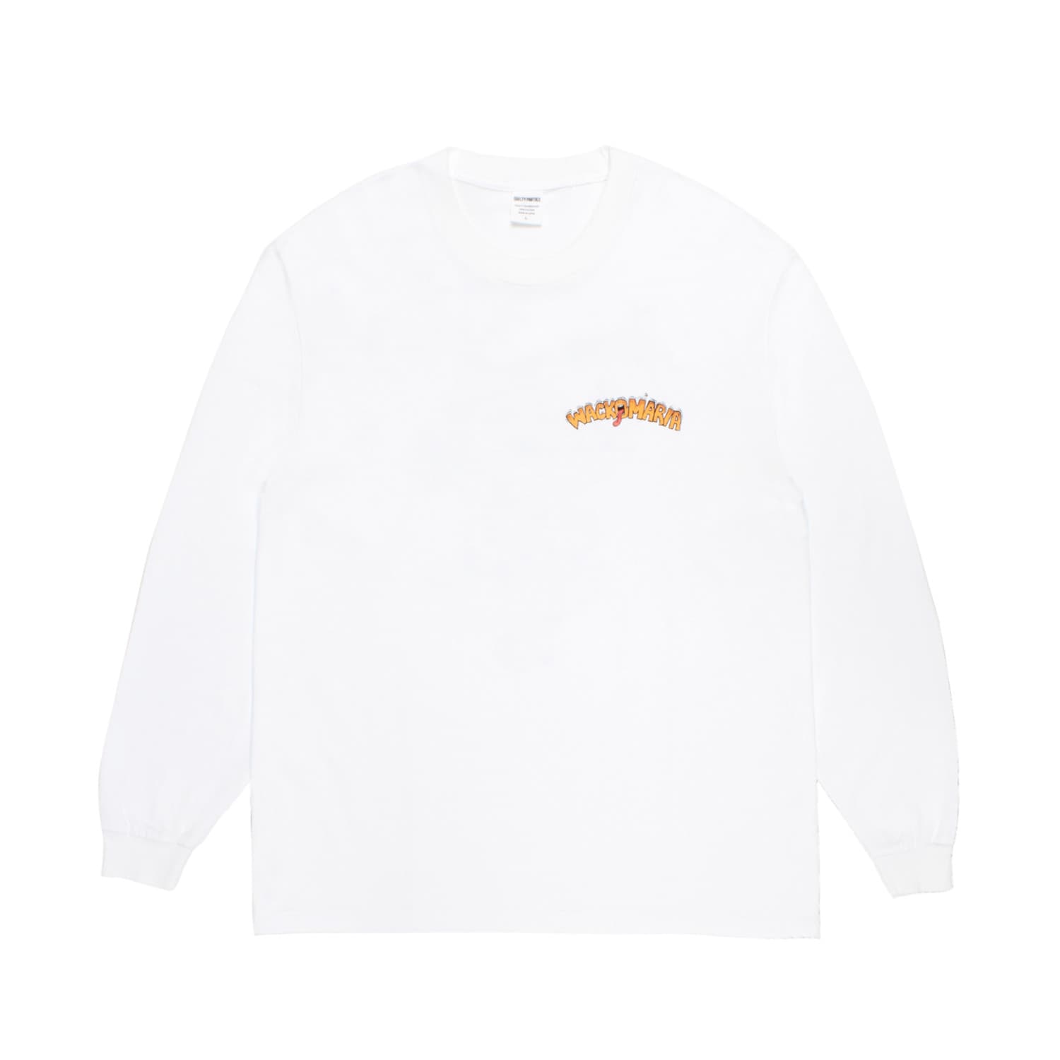 WACKO MARIA（ワコマリア）2026年春夏コレクション「天国東京」から、TIM LEHI(ティムリーハイ)オフィシャルコラボレーションTシャツ、TIM LEHI / WASHED HEAVY WEIGHT LONG SLEEVE&nbsp;T-SHIRT (TYPE-1) 26SS-WMT-LT01のホワイト前面。ティムリーハイ氏書き下ろしのグラフィックを左胸にプリント。