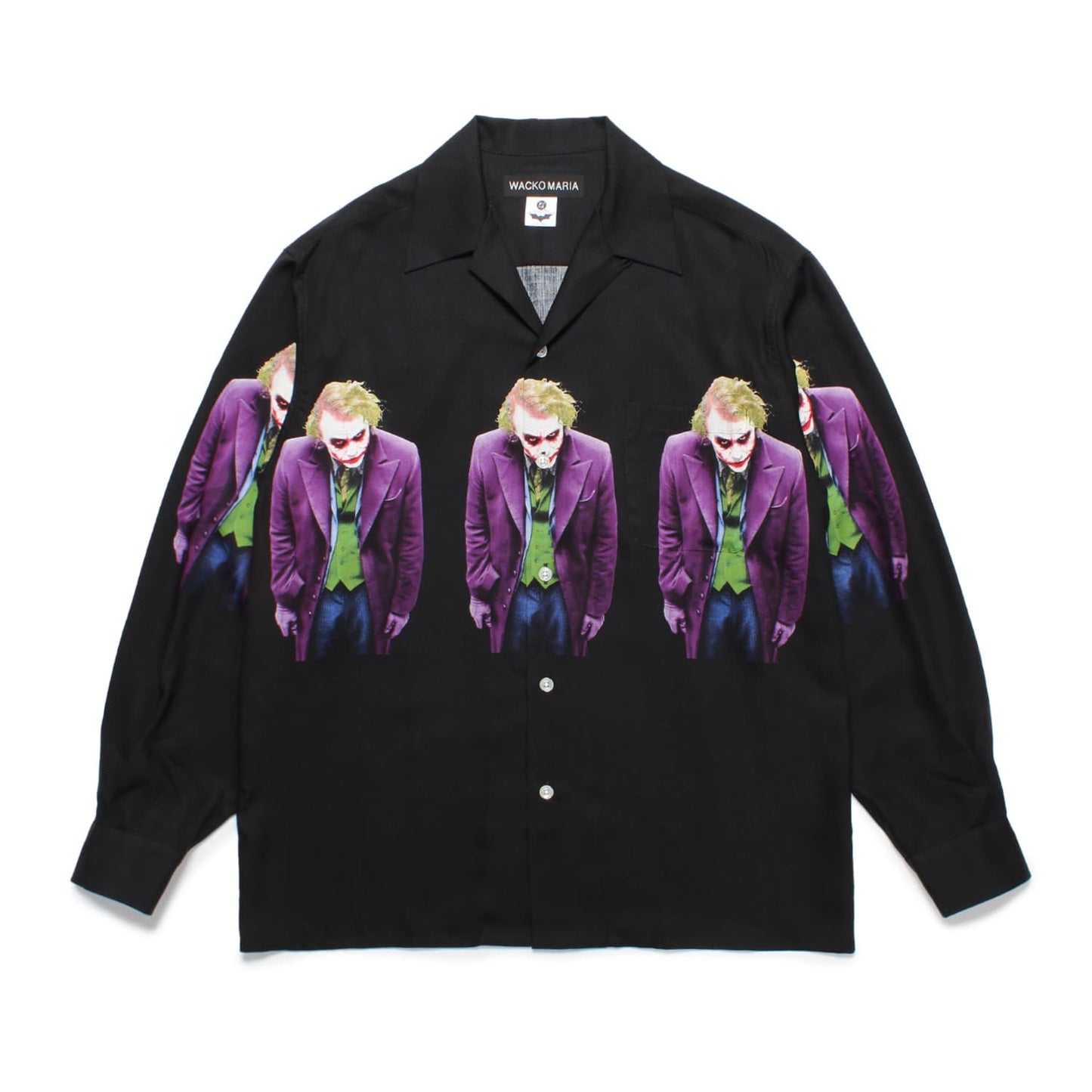 WACKO MARIA（ワコマリア）2025年秋冬先行コレクションから、映画「THE DARK KNIGHT TRILOGY」とのオフィシャルコラボレーション長袖ハワイアンシャツ、THE DARK KNIGHT TRILOGY / L/S HAWAIIAN SHIRT (TYPE-1) TDKT-WM-HI06のブラックを入荷。劇中のジョーカーのグラフィックをコラージュし、インパクトある1品に仕上がっています。