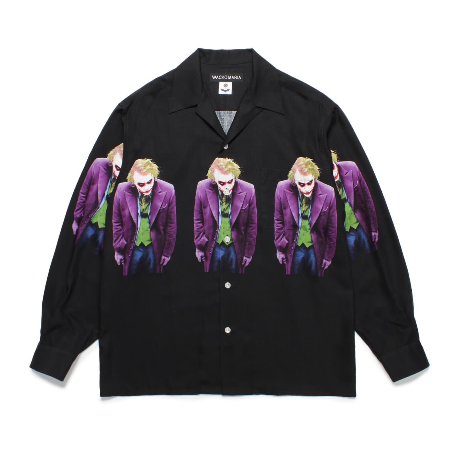 WACKO MARIA（ワコマリア）2025年秋冬先行コレクションから、映画「THE DARK KNIGHT TRILOGY」とのオフィシャルコラボレーション長袖ハワイアンシャツ、THE DARK KNIGHT TRILOGY / L/S HAWAIIAN SHIRT (TYPE-1) TDKT-WM-HI06のブラックを入荷。劇中のジョーカーのグラフィックをコラージュし、インパクトある1品に仕上がっています。