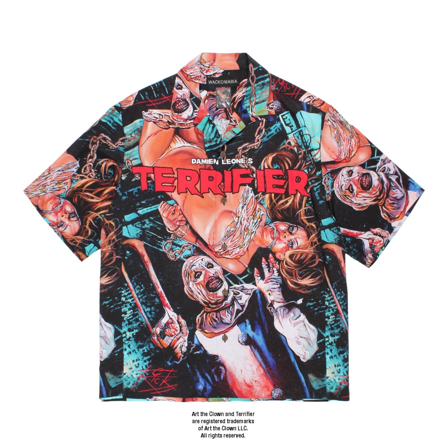 WACKO MARIA（ワコマリア）2026年春夏コレクション「天国東京」から、スラッシャーホラー映画「TERRIFIER（テリファー）」とのオフィシャルコラボレーションハワイアンシャツ、TERRIFIER / HAWAIIAN SHIRT (TYPE-1) TERRIFIER-WM-HI01を入荷。テリファーのグラフィックとロゴを総柄で落し込んだ１枚。