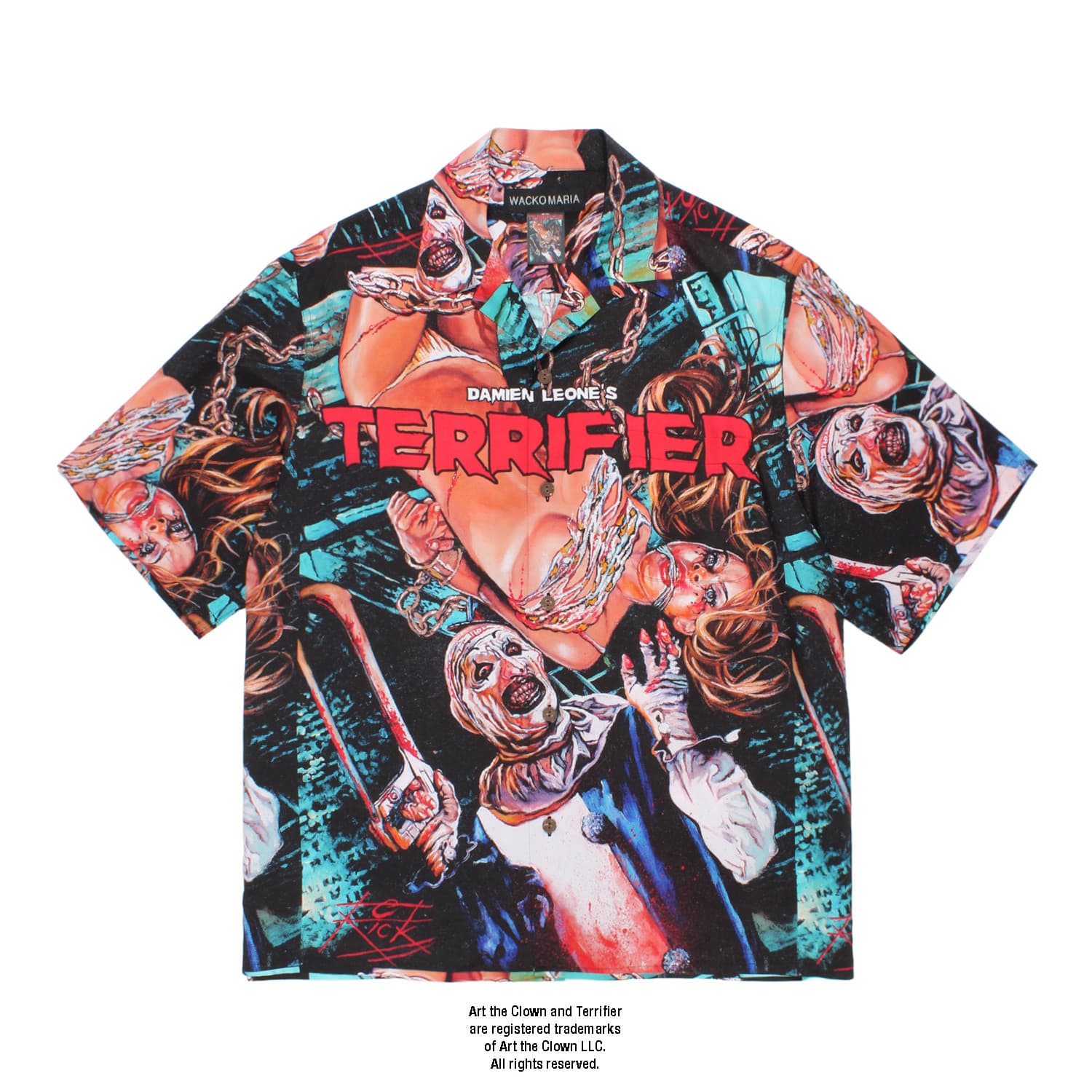 WACKO MARIA（ワコマリア）2026年春夏コレクション「天国東京」から、スラッシャーホラー映画「TERRIFIER（テリファー）」とのオフィシャルコラボレーションハワイアンシャツ、TERRIFIER / HAWAIIAN SHIRT (TYPE-1) TERRIFIER-WM-HI01を入荷。テリファーのグラフィックとロゴを総柄で落し込んだ１枚。