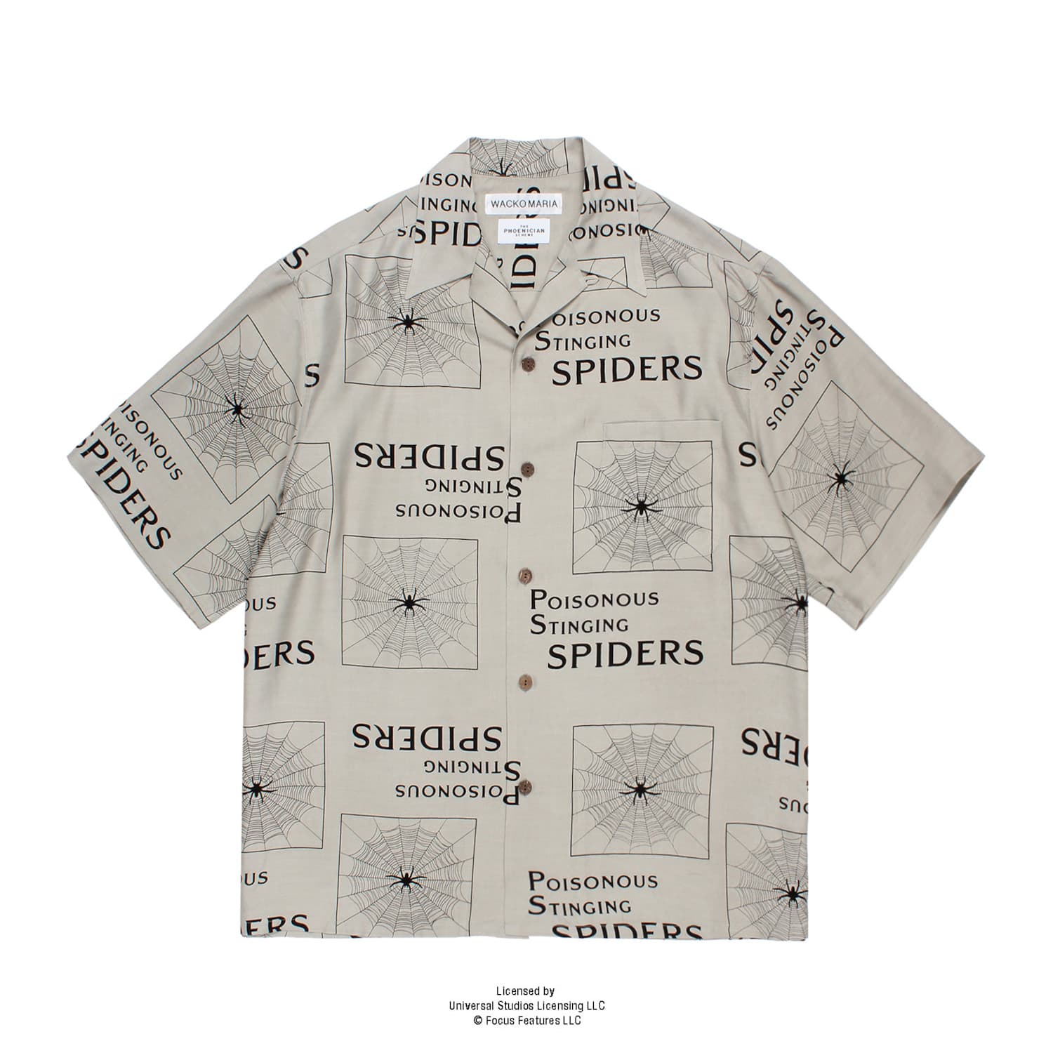 WACKO MARIA（ワコマリア）2026年春夏コレクション「天国東京」から、ウェス・アンダーソン監督のファミリークライムコメディー映画「THE PHOENICIAN SCHEME（邦題ザ・ザ・コルダのフェニキア計画）」とのオフィシャルコラボレーションハワイアンシャツ、THE PHOENICIAN SCHEME / HAWAIIAN SHIRT (TYPE-3) TPS-WM-HI03のグレー。前面